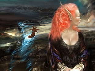 graphic wallpaper of Elf in orange hair and black scoop-neck top and person in flames