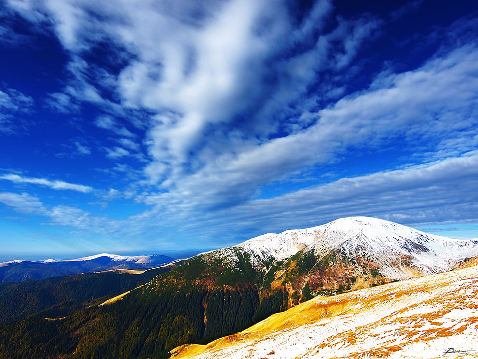 grass mountain under cloudy sky during daytime HD wallpaper