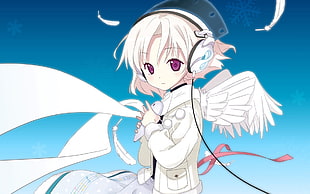 white haired Anime character wearing headphones