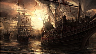 brown galleon ship digital wallpaper, fantasy art, sailing ship