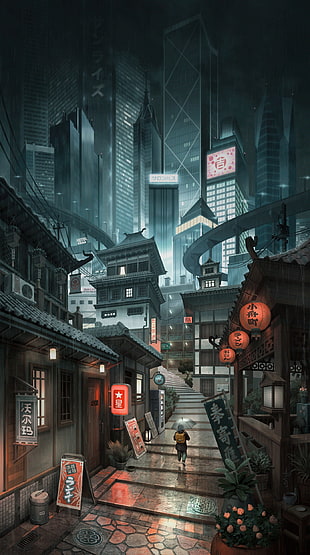 Japan city illustration, cityscape, artwork, skyscraper, digital art