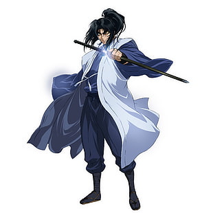 black haired man holding sword illustration