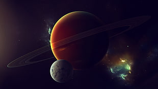 two orange and gray planets, space, planet HD wallpaper