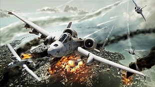 white A-10 Warthog illustration, Fairchild Republic A-10 Thunderbolt II, artwork, dogfight, Fairchild A-10 Thunderbolt II