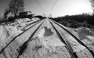 grayscale photo of train railway, winter, tracks, railway, snow HD wallpaper