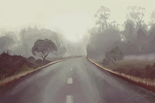 painting of roadway, artwork, road, landscape, painting