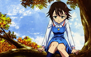 girl wearing blue and white long-sleeved school uniform anime character digital wallpaper
