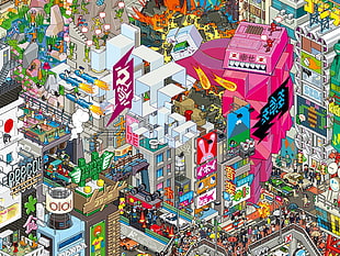 pink and multicolored city buildings illustration, pixel art, pixels, city, Japan HD wallpaper