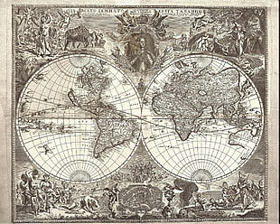double-hemisphere vintage world map