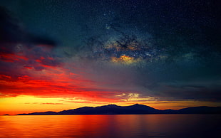 body of water, stars, silhouette, Milky Way, sunset
