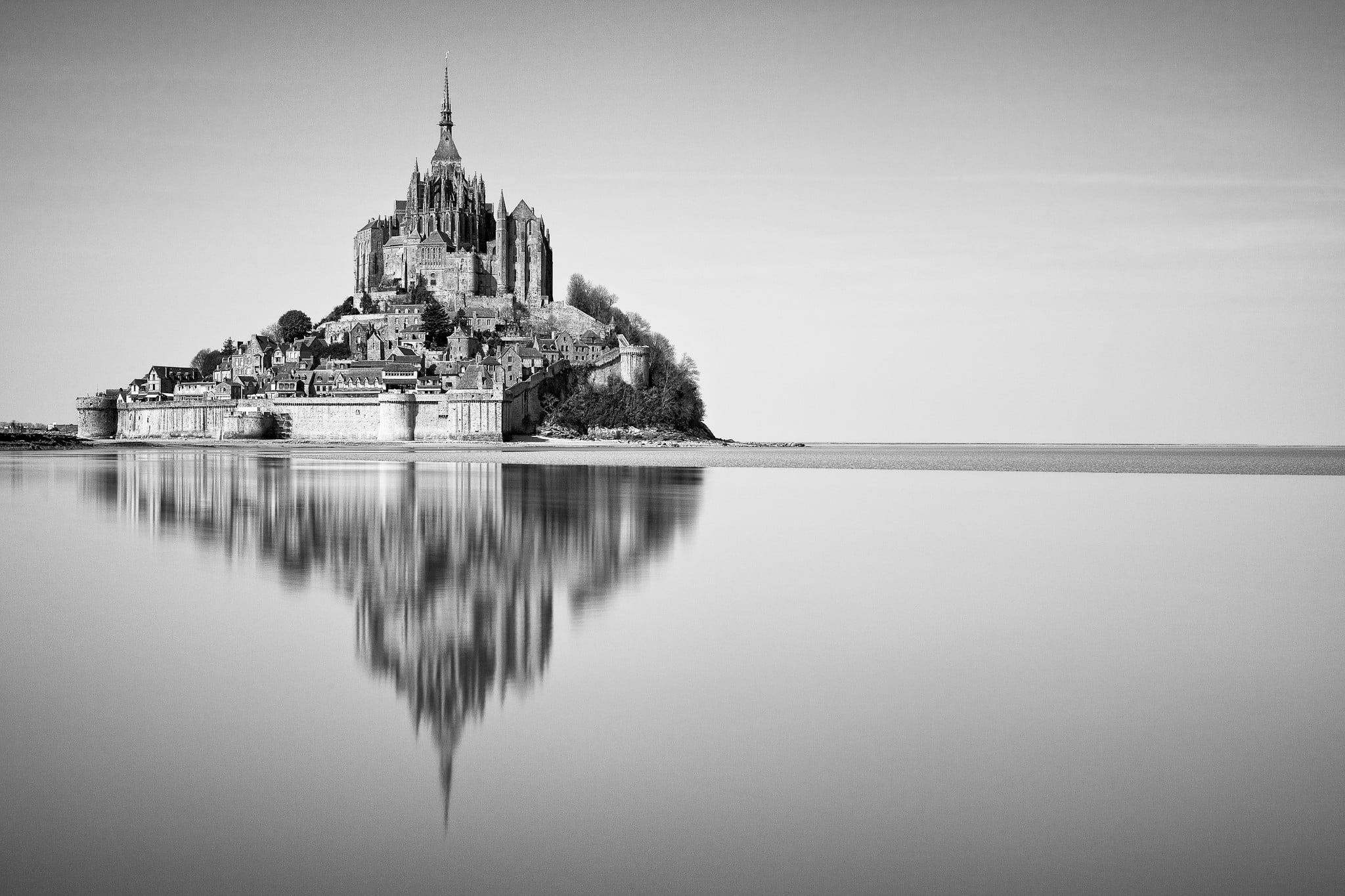 concrete building, Mont Saint-Michel, France, monochrome