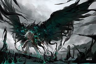 gray haired male anime chracter, wings, angel, demon HD wallpaper