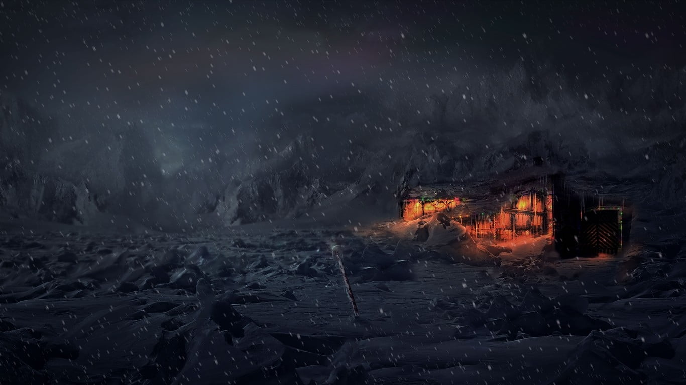 snow covered house, fantasy art, snow, lights, north pole