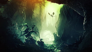 two winged dragons on cave illustration