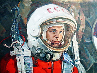 man wearing red astronaut painting