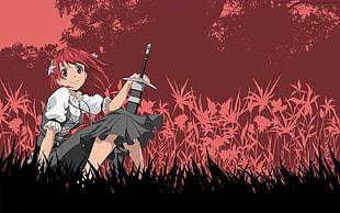 red haired woman holding sword in gray dress anime character