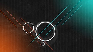 three white circles with blue and orange linear digital wallpaper, abstract