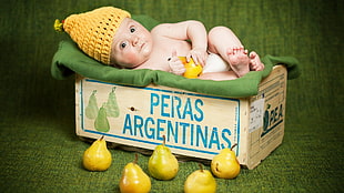baby's yellow knit beanie, baby, pears HD wallpaper