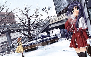 blue haired female animated character with red and white dress standing on ground covered with snow