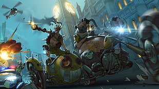 characters riding motorcycle illustration, Overwatch, Junkrat (Overwatch), Roadhog (Overwatch)