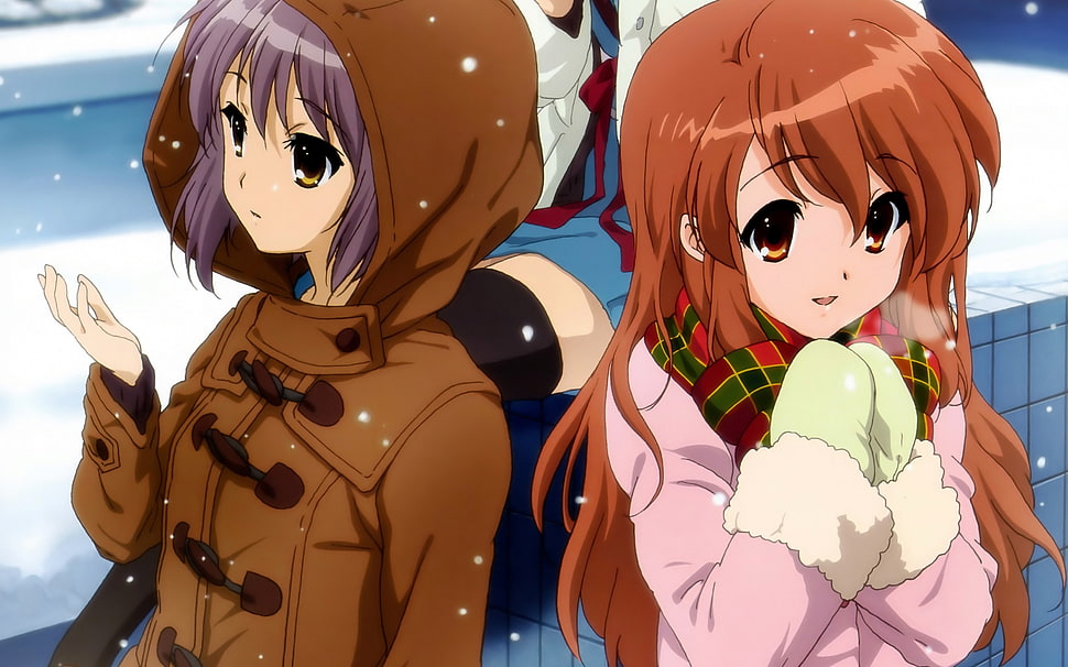 two female anime character wearing brown and pink winter coat digital wallpaper HD wallpaper