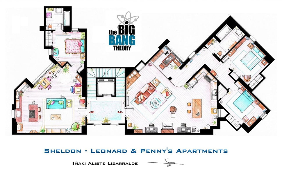 The Big Bang Theory Sheldon, Leonard, and Penny's apartments floor plan illustration, The Big Bang Theory HD wallpaper