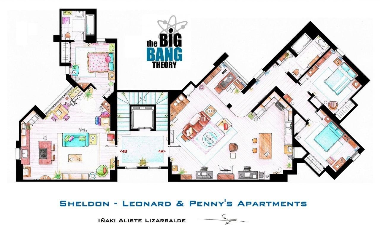 The Big Bang Theory Sheldon, Leonard, and Penny's apartments floor plan illustration, The Big Bang Theory
