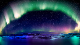 green and blue abstract painting, aurora  borealis, Aurora, lake, stars HD wallpaper
