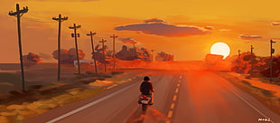 person riding motorcycle on road anime wallpaper, sunset, road, illustration