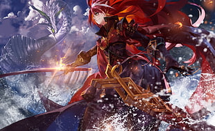 red haired male character holding red katana illustration