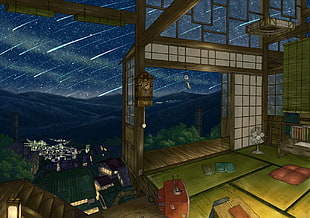 brown and beige house painting, anime, sky, stars, interior