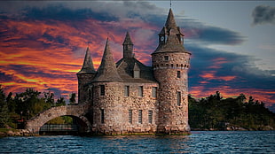 castle, sunset, tower, water