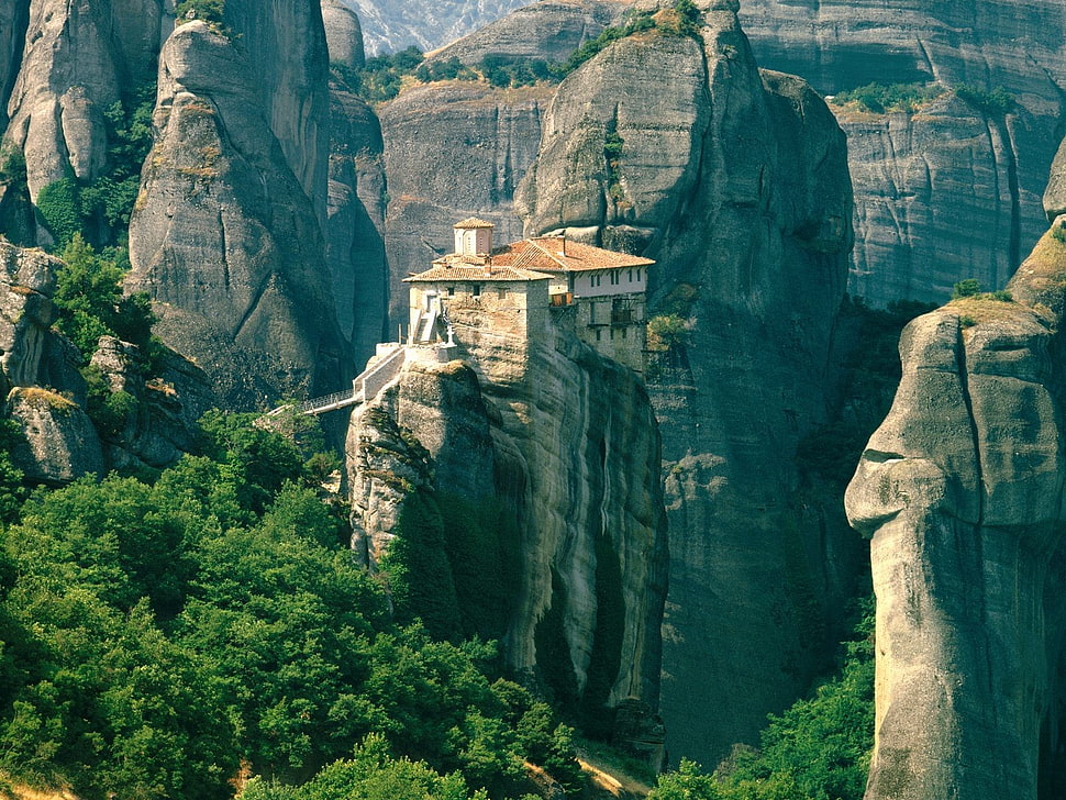 white concrete house, landscape, Meteora, Greece HD wallpaper