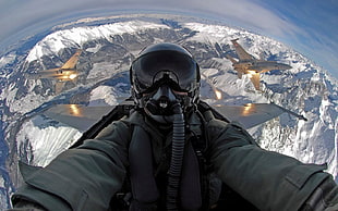 black oxygen mask, pilot, mountains, airplane, cockpit
