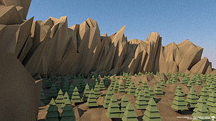 minecraft mountain and tree game application screenshot, low poly, landscape, mountains, trees