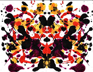 black, orange, and yellow abstract painting, Rorschach test, ink, symmetry, paint splatter
