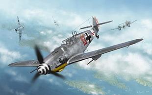 four gray fighter planes illustration, Messerschmitt, Messerschmitt Bf-109, Luftwaffe, artwork