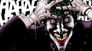 The Joker illustration, Joker, suits, gloves, green hair