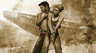 man holding pistol beside woman illustration