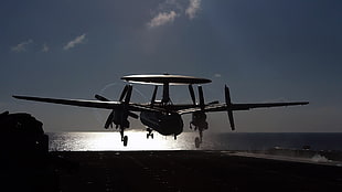 black and gray metal frame, military aircraft, airplane, sky, E-2C Hawkeye