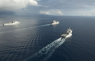three warships on body of water during daytime HD wallpaper
