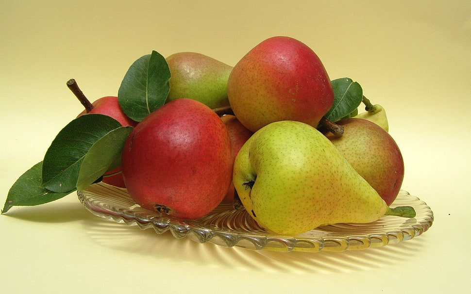 red apples and pears on clear glass plate HD wallpaper