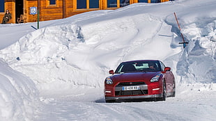 red Nissan GT-R coupe, Nissan, Nissan GT-R, winter, car