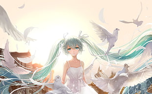 green-haired female anime character wearing white dress surrounded by white pigeons digital wallpaper, Hatsune Miku, birds, crying