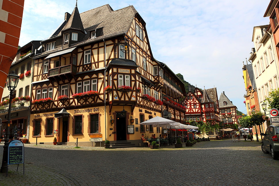 white patio umbrella, intersections, villages, Germany HD wallpaper