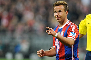 men's red and blue jersey top, Mario Götze, soccer, Germany, Bayern Munchen