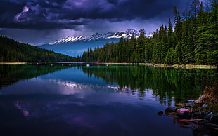 body of water surrounded by trees, nature, lake, sky, mountains