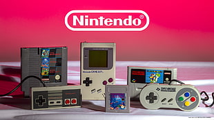 gray Nintendo Game Boy console and cartridges with text overlay, Nintendo, Super Nintendo, Super Mario, retro games