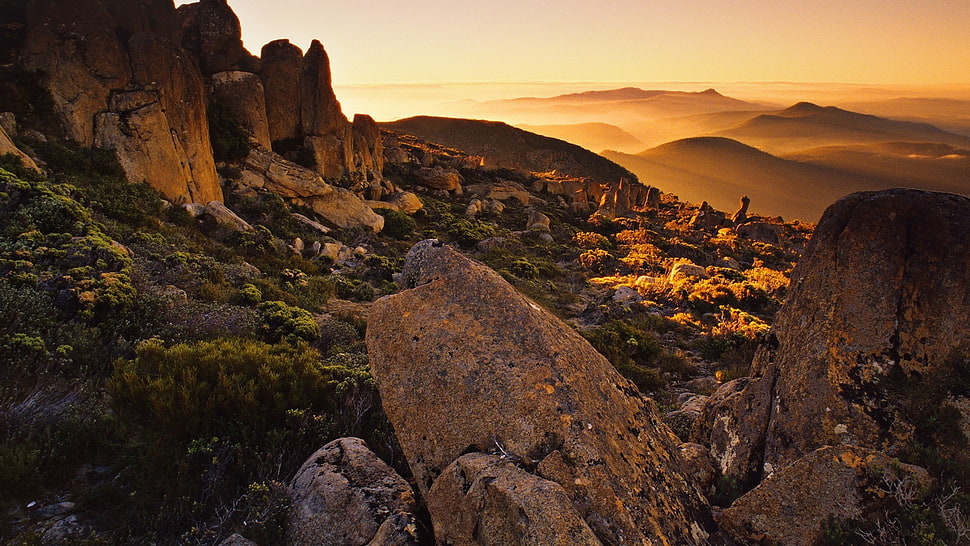 brown mountain, landscape, sunset, nature HD wallpaper