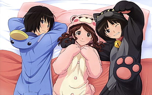 three female anime characters wearing animal costumes